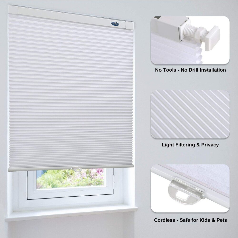 LazBlinds No Drill Cordless Cellular Shades, No Drill, 27'' W x 48'' H, White